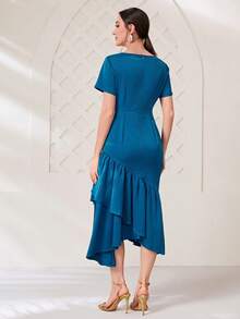 Modelyn Sweetheart Neck Ruched Ruffle Hem Dress Without Belt - Blue - View 2