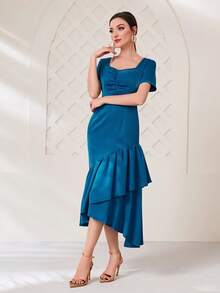Modelyn Sweetheart Neck Ruched Ruffle Hem Dress Without Belt - Blue - View 3