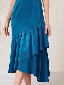 Modelyn Sweetheart Neck Ruched Ruffle Hem Dress Without Belt - Blue - View 6