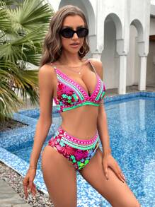 SHEIN Swim Summer Beach Floral Print Bikini Set - Multicolor - View 5