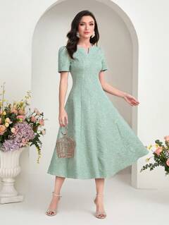 Modelyn Notched Neckline Puff Sleeve Dress Maxi Women Outfit Long Evening Dresses