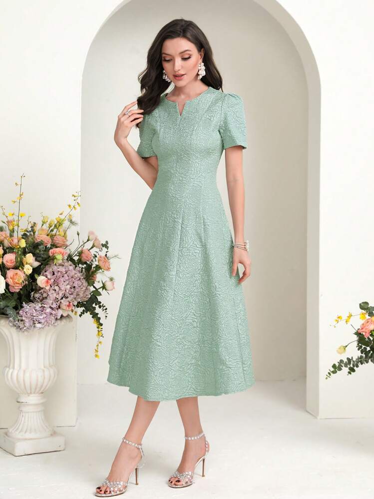 Modelyn 切り込みネックライン パフスリーブ ロングイブニングドレス