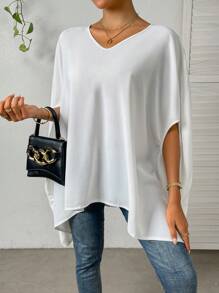 SHEIN Privé 素色蝙蝠袖不對稱下擺襯衫 - 白色 - 查看 4
