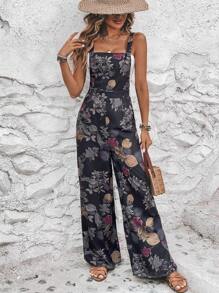 SHEIN LUNE Floral Print Slant Pocket Wide Leg Cami Jumpsuit - Black - View 3