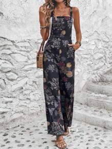 SHEIN LUNE Floral Print Slant Pocket Wide Leg Cami Jumpsuit - Black - View 4
