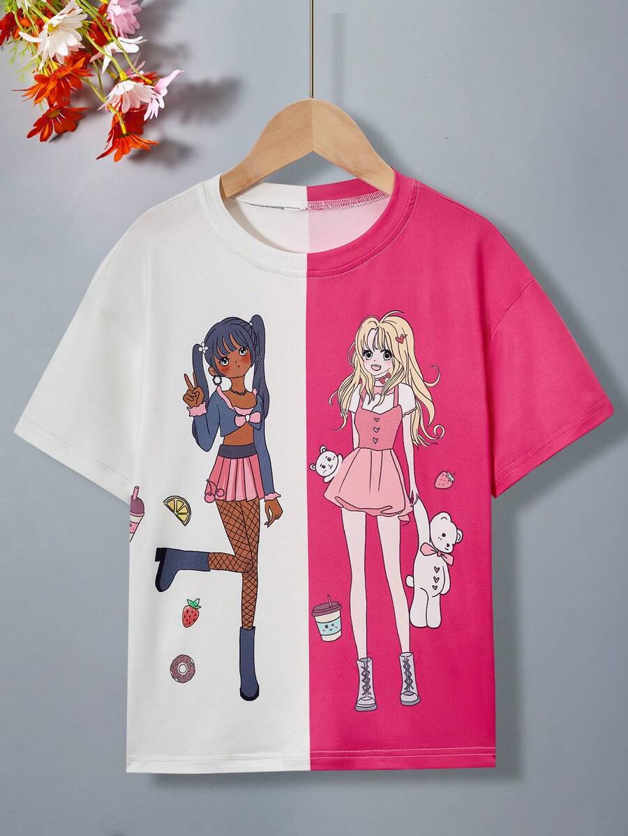 SHEIN 女孩人像圖案雙色落肩T恤 - 彩色 - 查看 1