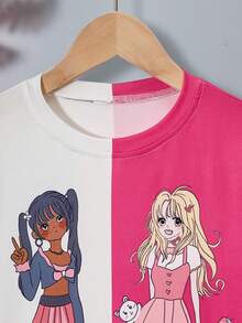 SHEIN 女孩人像圖案雙色落肩T恤 - 彩色 - 查看 3