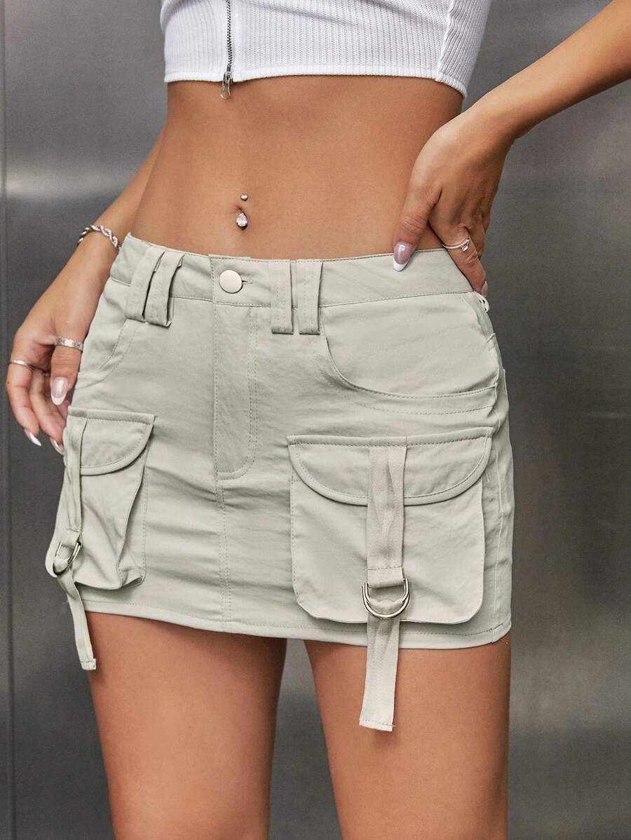 SHEIN ICON 戶外運動風翻蓋口袋帶扣細節工裝裙 - 杏色 - 查看 1