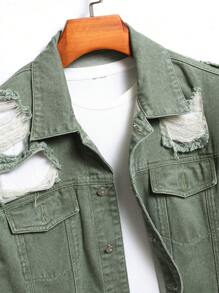 Manfinity EMRG 男士棉破洞抽鬚翻蓋口袋牛仔夾克不帶T恤 - 軍綠色 - 查看 4