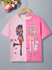 SHEIN Tween Girl Y2K可愛彩色區塊印花塗鴉針織T卹 - 粉色 - 查看 1