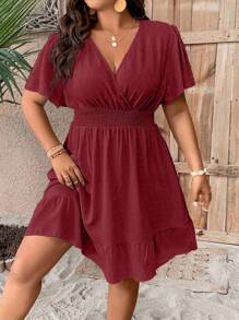 Celure Đầm Plus Size Viên lá sen Trọn gói Dải chun màu trơn Giải trí - Đỏ - Xem 1