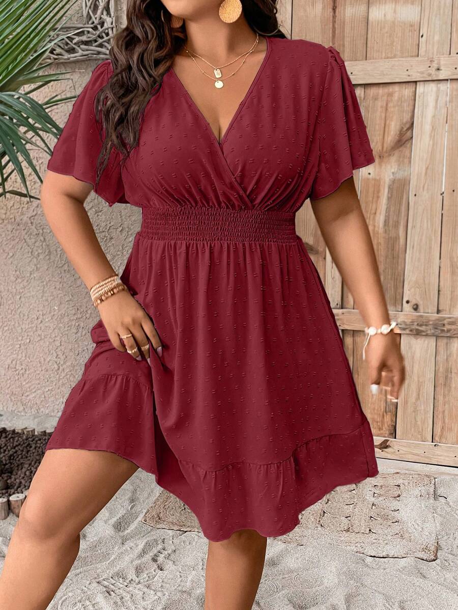 Celure Đầm Plus Size Viên lá sen Trọn gói Dải chun màu trơn Giải trí - Đỏ - Xem 1