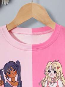 SHEIN Tween Girl Y2K可愛彩色區塊印花塗鴉針織T卹 - 粉色 - 查看 3