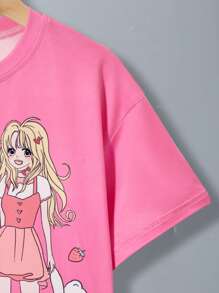 SHEIN Tween Girl Y2K可愛彩色區塊印花塗鴉針織T卹 - 粉色 - 查看 4