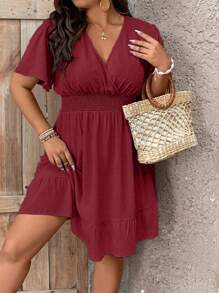 Celure Đầm Plus Size Viên lá sen Trọn gói Dải chun màu trơn Giải trí - Đỏ - Xem 3