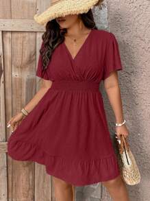 Celure Đầm Plus Size Viên lá sen Trọn gói Dải chun màu trơn Giải trí - Đỏ - Xem 4