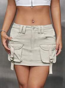 SHEIN ICON 戶外運動風翻蓋口袋帶扣細節工裝裙 - 杏色 - 查看 5