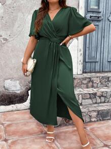 SHEIN Holidaya Hơn Chất rắn Mặt trước xoắn Váy Wrap Hem - màu xanh lá - Xem 3