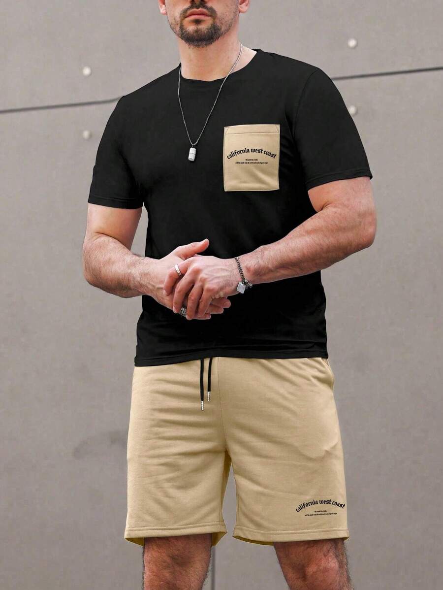 Manfinity Homme Men Slogan Graphic Tee & Drawstring Waist Shorts - Multicolor - View 1