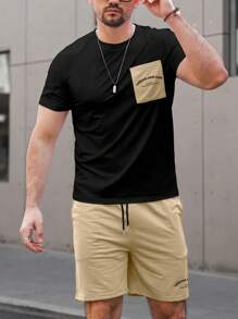 Manfinity Homme Men Slogan Graphic Tee & Drawstring Waist Shorts - Multicolor - View 4