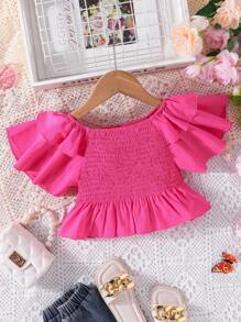 Toddler Girls' Ruffled Double-layer Cap-sleeve Blouse, Summer - Hot Pink - View 1