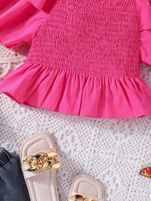Toddler Girls' Ruffled Double-layer Cap-sleeve Blouse, Summer - Hot Pink - View 4