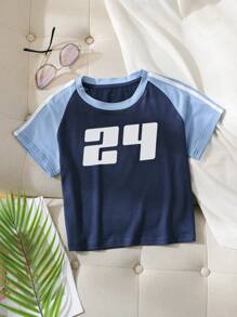 SHEIN EZwear Camiseta con estampado de letra en contraste de manga raglán - Azul Marino - Ver 1