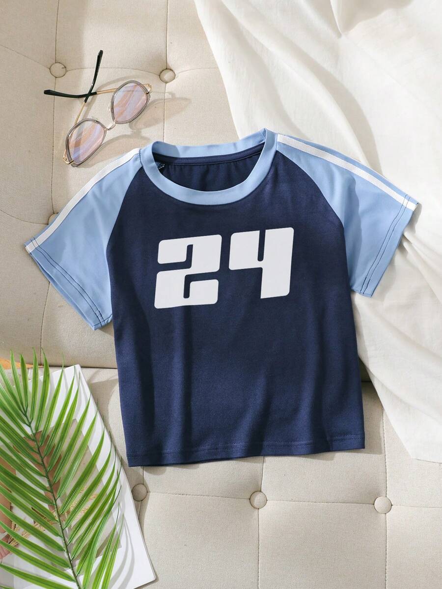 SHEIN EZwear Camiseta con estampado de letra en contraste de manga raglán - Azul Marino - Ver 1