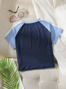 SHEIN EZwear Camiseta con estampado de letra en contraste de manga raglán - Azul Marino - Ver 2