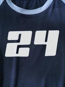 SHEIN EZwear Camiseta con estampado de letra en contraste de manga raglán - Azul Marino - Ver 3