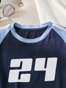 SHEIN EZwear Camiseta con estampado de letra en contraste de manga raglán - Azul Marino - Ver 5
