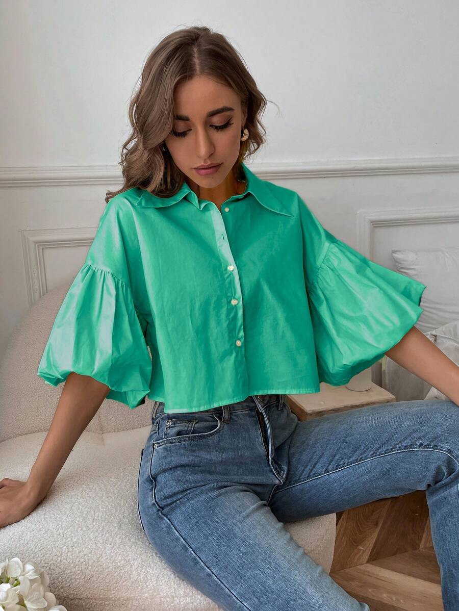 SHEIN EZwear Áo sơ mi nữ Nút phía trước màu trơn Giải trí - màu xanh lá - Xem 1