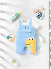 SHEIN 男嬰卡通圖案3D貼佈設計翻蓋口袋二合一連身短褲 - 藍白色 - 查看 1