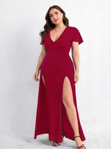 SHEIN Privé 大碼深V領高衩連衣裙 - 酒紅色 - 查看 4