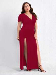 SHEIN Privé 大碼深V領高衩連衣裙 - 酒紅色 - 查看 6