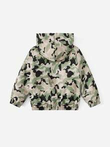 SHEIN 男小童休閒寬鬆適合迷彩圖案連帽夾克帶字母貼布,半拉鏈,秋天和冬天 - 彩色 - 查看 2