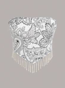 SHEIN ICON Áo nữ Pha lê kim cương Bất đối xứng mép Paisley Boho - trắng - Xem 1