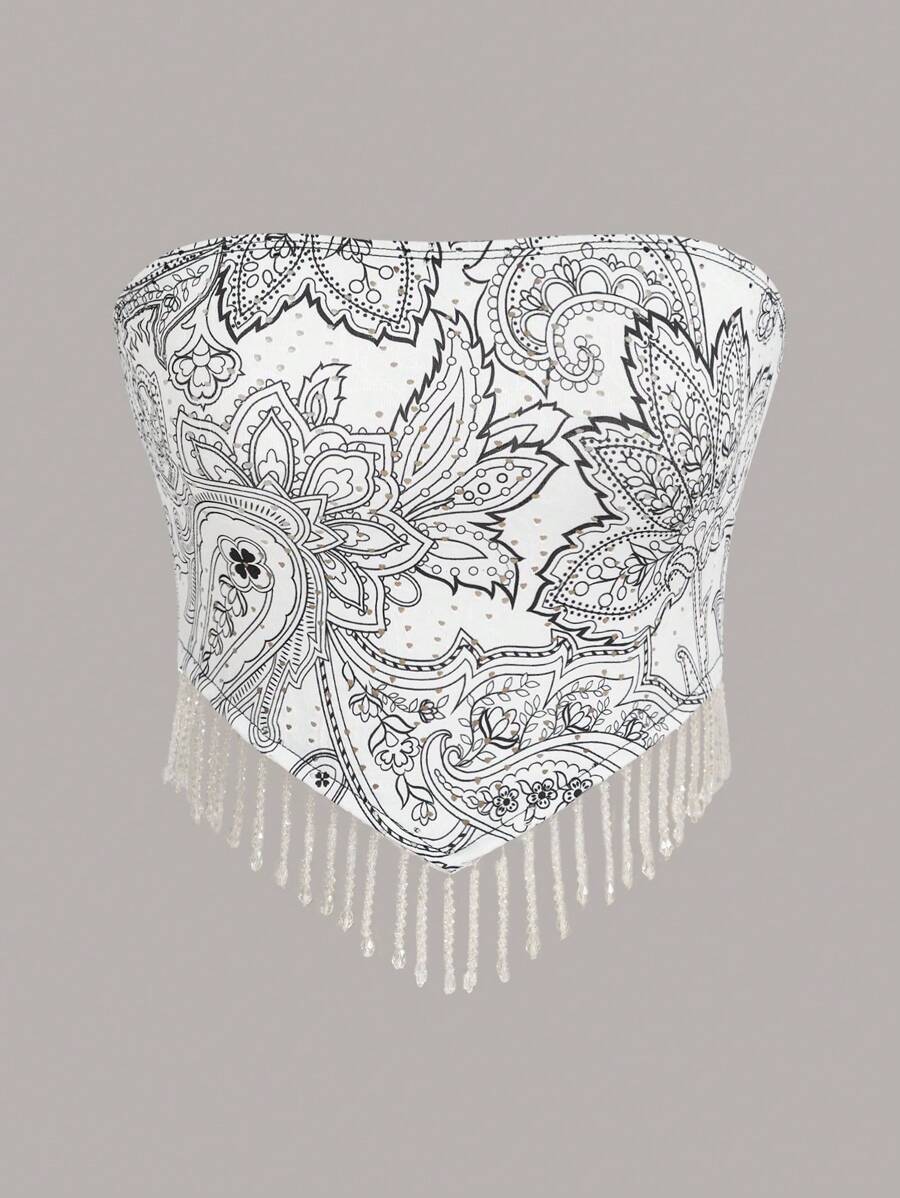 SHEIN ICON Áo nữ Pha lê kim cương Bất đối xứng mép Paisley Boho - trắng - Xem 1