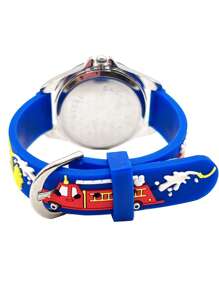 Reloj de cuarzo infantil de diseño lindo de camión de bomberos y bombero en 3D, regalo para niños - Azul - Ver 2
