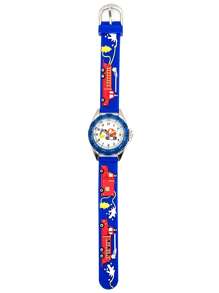 Reloj de cuarzo infantil de diseño lindo de camión de bomberos y bombero en 3D, regalo para niños - Azul - Ver 3