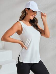 Yoga Basic Split Hem Sports Tank Top - White - View 3