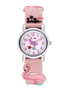 1入組兒童火烈鳥裝飾圓形錶盤石英表適用於日常生活 - 粉色 - 查看 3