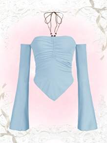 ROMWE Kawaii 褶邊手帕下擺繞頸喇叭袖上衣 - 淺藍色 - 查看 1