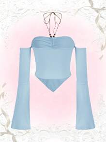 ROMWE Kawaii 褶邊手帕下擺繞頸喇叭袖上衣 - 淺藍色 - 查看 2