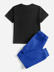 SHEIN Leap Crew 青少年男孩字母圖形t恤和帶蓋貨口袋裝褲子 - 彩色 - 查看 2