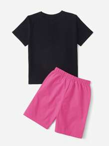 SHEIN Leap Crew Tween Boy Car & Letter Graphic Tee & Drawstring Waist Shorts - Hot Pink - View 2