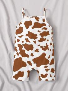 SHEIN Baby Girl Comfortable And Cute Cow Print Spaghetti Strap Romper, Suitable For Summer - Brown - View 2