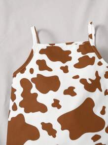 SHEIN Baby Girl Comfortable And Cute Cow Print Spaghetti Strap Romper, Suitable For Summer - Brown - View 3