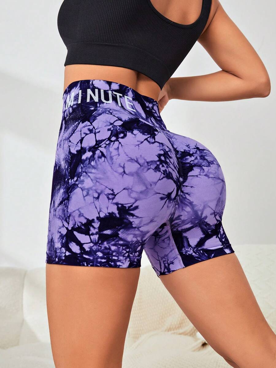 Yoga Trendy 紮染字母圖案寬腰帶運動短褲 - 紫色 - 查看 1