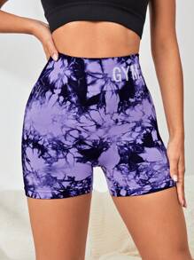 Yoga Trendy 紮染字母圖案寬腰帶運動短褲 - 紫色 - 查看 6